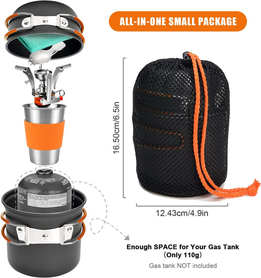 Odoland Camping Cookware Stove Carabiner Canister Stand Tripod and Stainless Steel Cup, Tank Bracket, Fork Spoon Kit for Backpacking, Outdoor Camping Hiking and Picnic