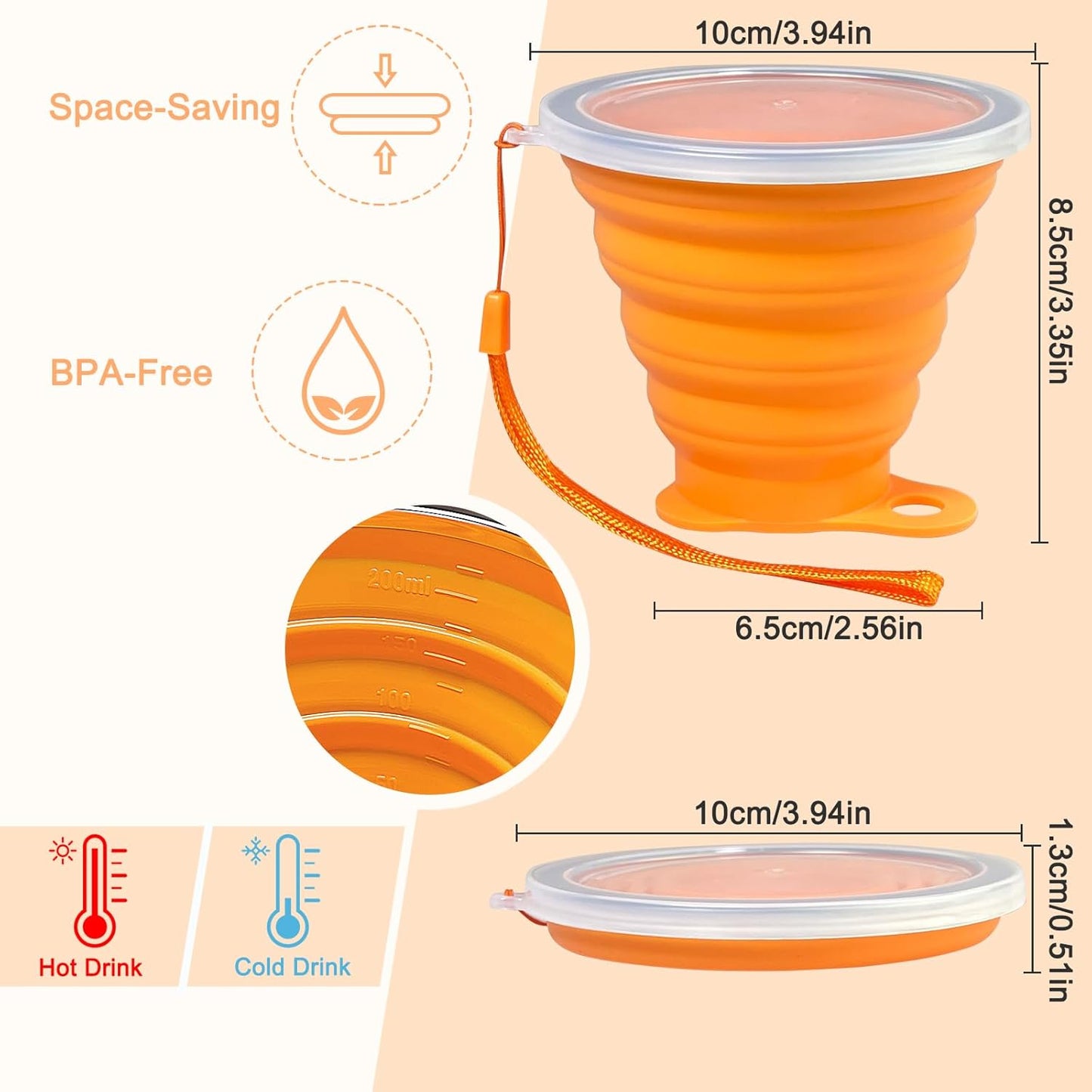 Collapsible Cups for Traveling - Portable Silicone Collapsible Cup with Lid, Reusable Collapsible Cups Drinking for Outdoor Hiking, Picnic, Fishing or Home Use (9.22oz) -4 Pack