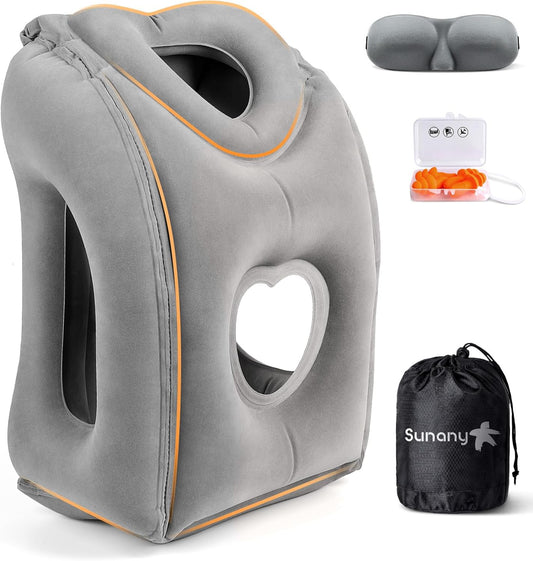 Sunany Travel Pillow, Upgraded Plane Pillow for Long Flights, Inflatable Neck Pillow Used for Airplanes,Cars,Buses,Trains,Office Napping with Eye Mask,Earplugs (Gray)