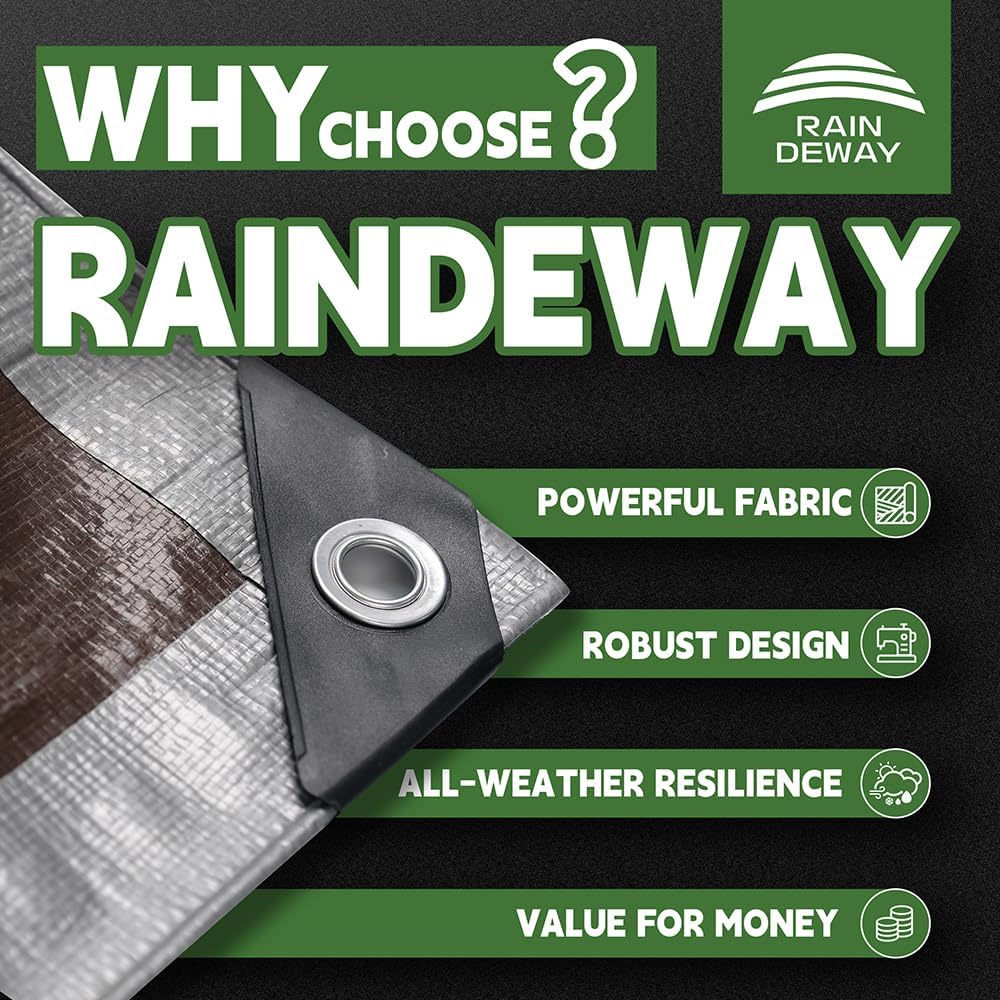RAINDEWAY Tarps Heavy Duty Waterproof 8x12 Feet, 10Mil Multipurpose Poly Tarp Cover with Metal Grommets Camping Tarpaulin, Silver/Brown Tarp Finished Size