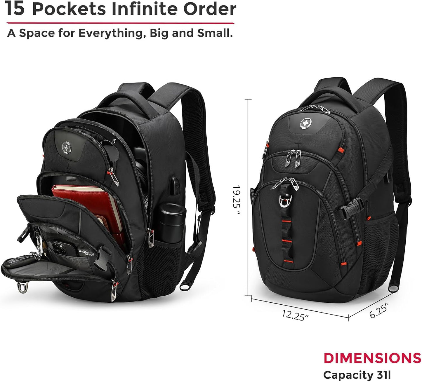 Swissdigital Design Laptop Backpack with USB Charging Port, TSA Travel Backpack Fits 15.6 inches Computer, 31L College School Backpack for Men, Black | SD803