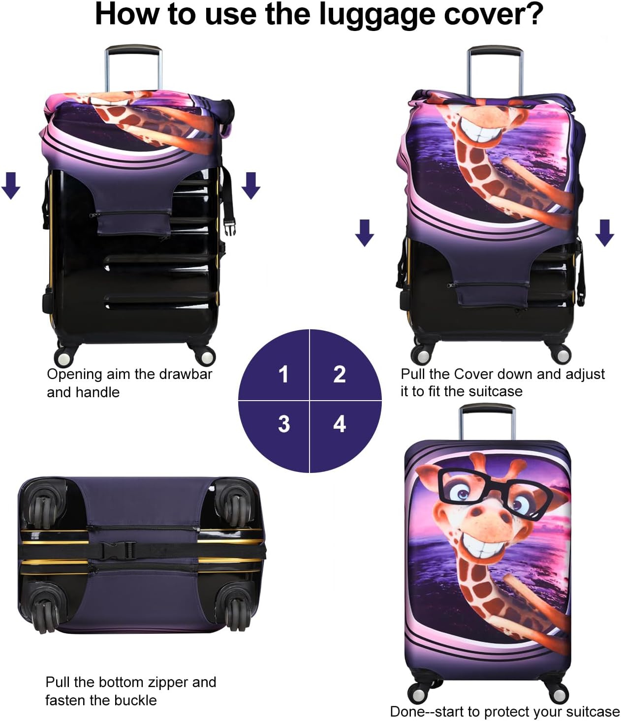 7-Mi 3D Print Design Travel Suitcase Protector Trolley Case Cover 19"-30" Sleeve (M(Fits to 22"-24" Trolley Case), Giraffe(New Version))