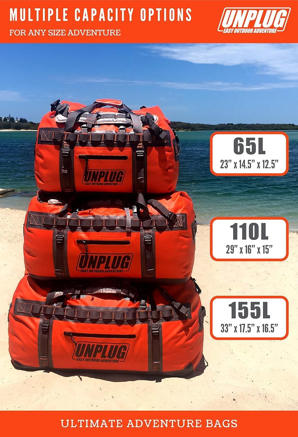 UNPLUG Ultimate Adventure Bag | 1680D Heavy Duty Waterproof Bag | Large Travel Duffle Bag which can be Used for Camping, Motorcycling, Boating, or Hunting (65L Adventure Orange)