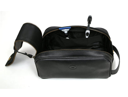 10" Premium Leather Toiletry Travel Pouch With Waterproof Lining Black Color | King-Size Handcrafted Vintage Dopp - Kit ~ Gift for Father's Day By Aaron Leather Goods