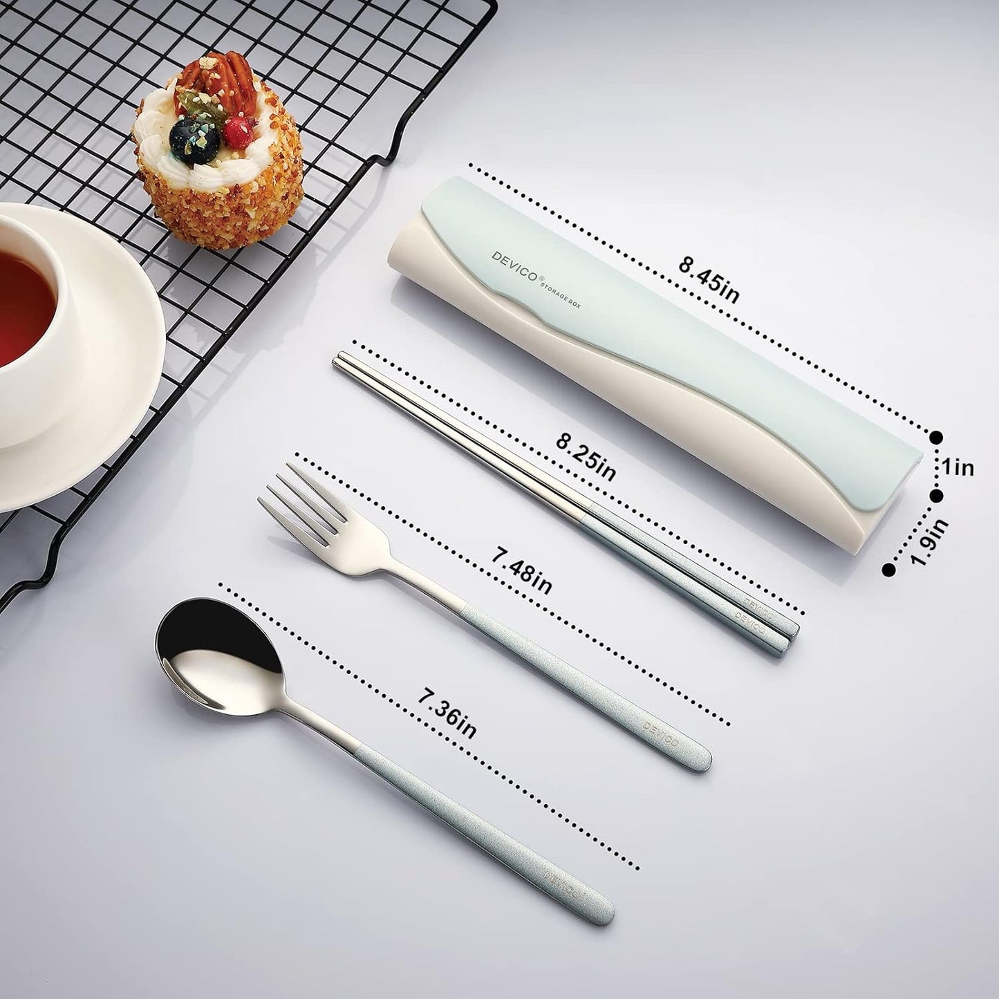 DEVICO Portable Travel Utensils with Case, Reusable Camping Silverware for Lunch, 18/8 Stainless Steel Cutlery Set (Blue)