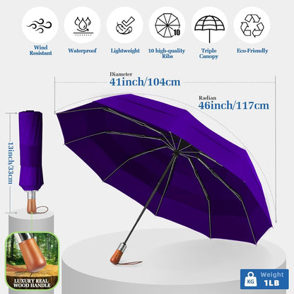 3T Wind Armor Travel Umbrella Compact Easy Auto Open Close Folding Umbrellas for Rain Windproof Umbrella for Women and Men Durable Real Wood Handle Portable Fits Backpack Car