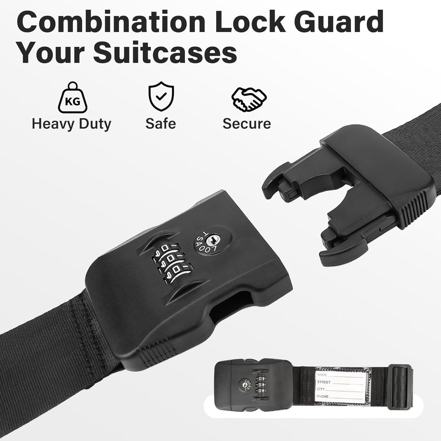 Luggage Straps, TSA Approved Luggage Strap Belt with Combination Lock for Suitcases, 2 Pack Heavy Duty Adjustable Black Cross Suitcase Straps with Name Tags for Travel, Carry On Bags, Protect