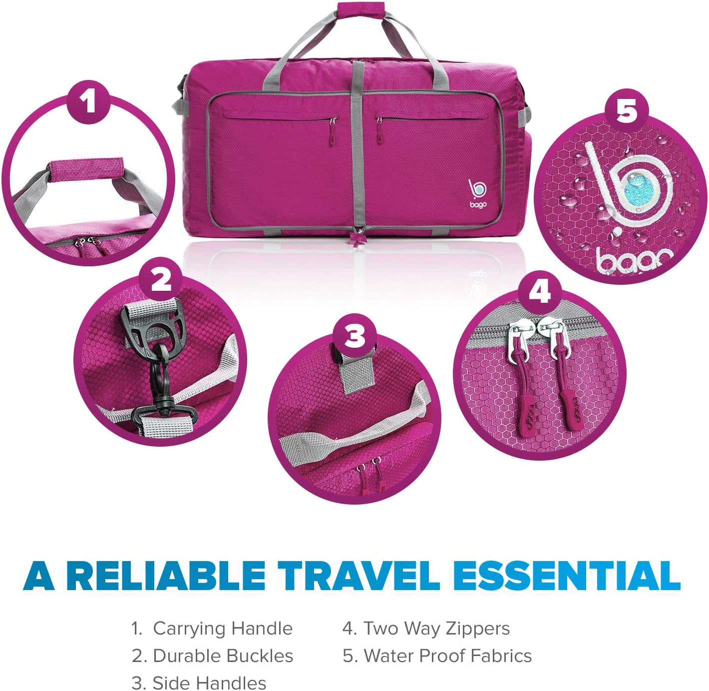 Bago Large Foldable Duffel Bags for Traveling Women & Men - 120L Packable Duffle Bag for Travel with Shoe Compartment - Water Repellant, Heavy Duty, Lightweight Folding & Collapsible (Pink)