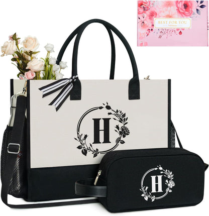 TOPDesign Personalized Initial Canvas Tote Bag, for Wedding, Birthday, Beach, Perfect Gifts for Women, Mom, Teachers, Friends