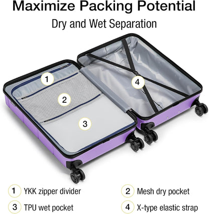 KYME Hardside Expandable Carry On Luggage 22x14x9 Airline Approved with TSA Lock Hardshell Carry On Suitcase with Wheels Small Travel Rolling 20 Inch Luggage with Cup Holder for Women Lt Purple