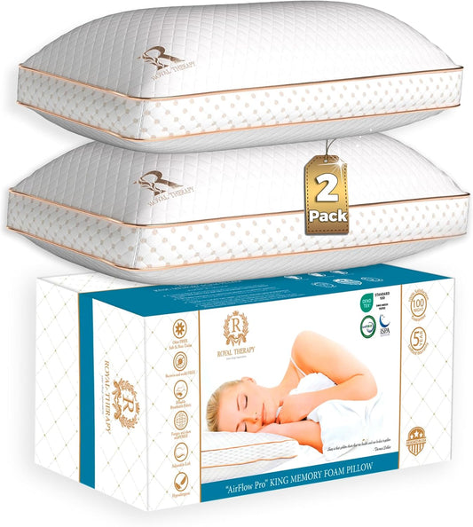 Royal Therapy King Memory Foam Pillows 2-Pack - Shredded Memory Foam Pillow for All Sleep Positions - Medium Firm Pillow with Adjustable Loft, Bamboo Rayon Cover, CertiPUR-US, Oeko-TEX Certified