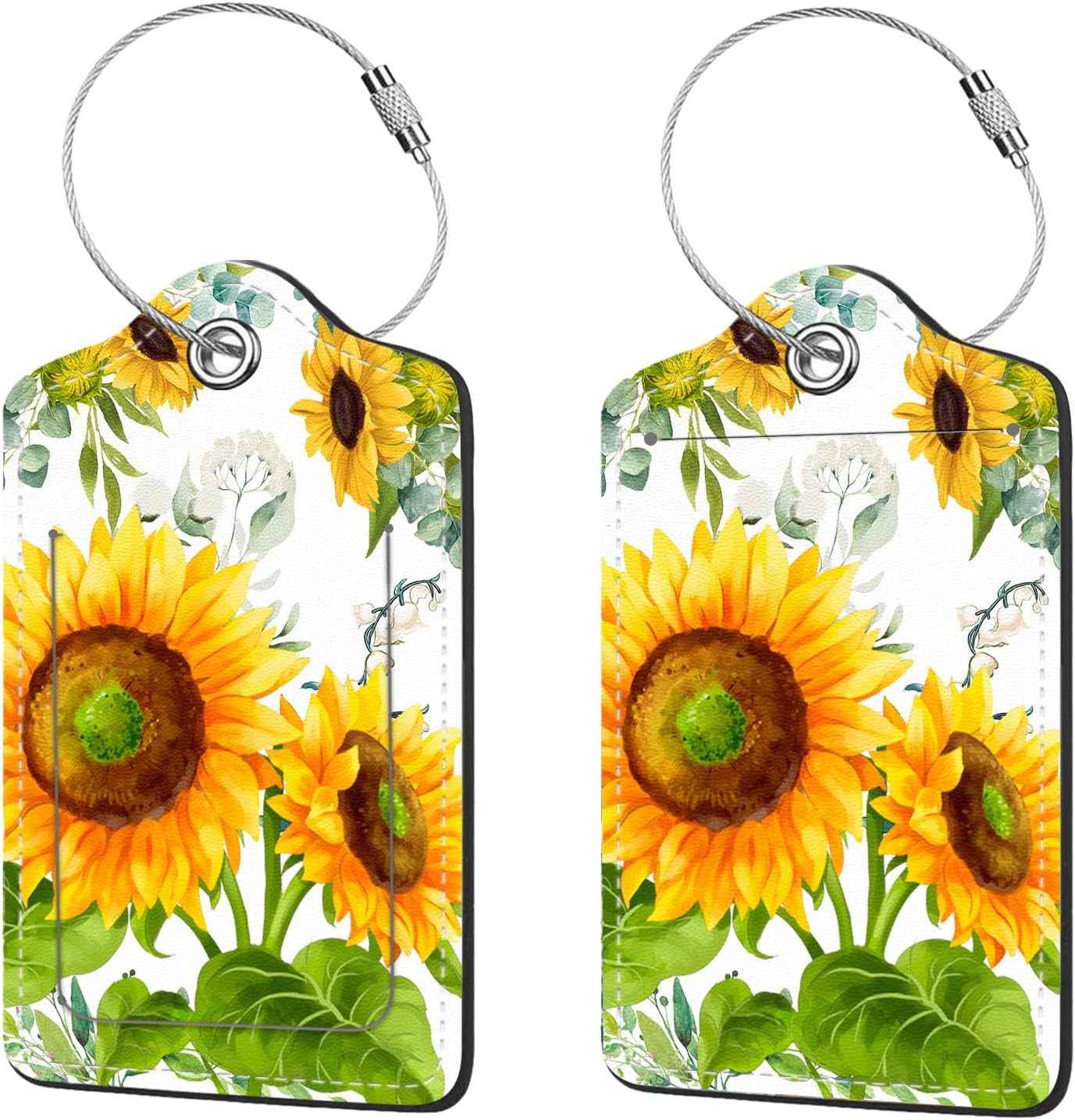 2 Pcs Luggage Tags for Suitcases, PU Leather Cruise Ship Luggage Tags with Privacy Cover Label Address Card and Durable Metal Ring Suitable for Men Women Children Handbags Backpacks,Sunflower
