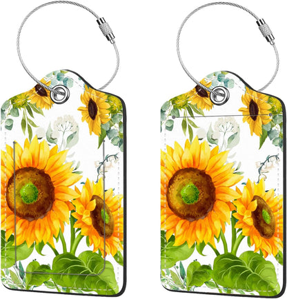 2 Pcs Luggage Tags for Suitcases, PU Leather Cruise Ship Luggage Tags with Privacy Cover Label Address Card and Durable Metal Ring Suitable for Men Women Children Handbags Backpacks,Sunflower