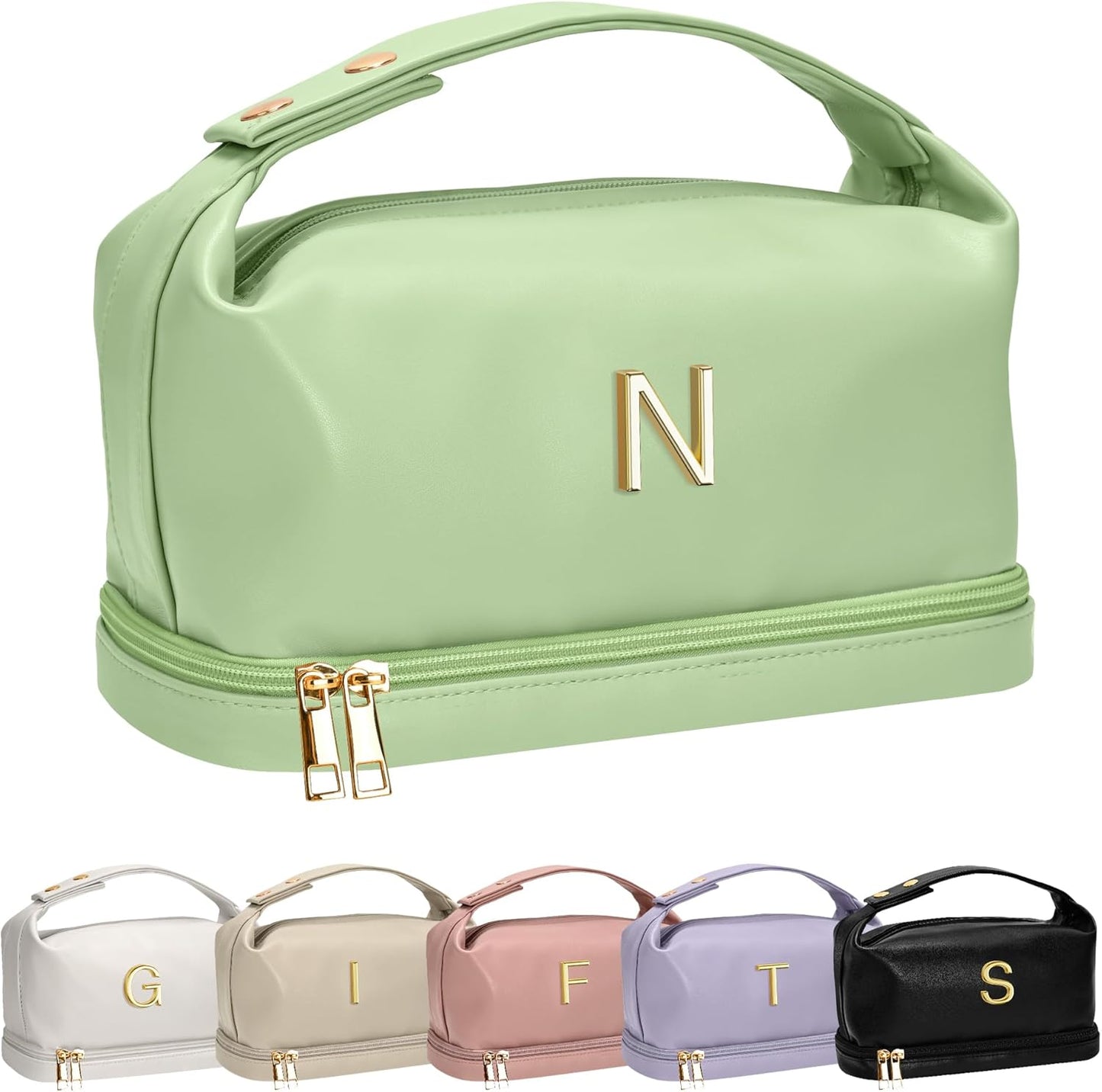 Cute Gifts for Women, Personalized Makeup Bag with Handle, Initial Double Layer Cosmetic Bag with Makeup Brush Organizer, Cute Cosmetic Pouch for Women, Gifts for Friends Female Mom