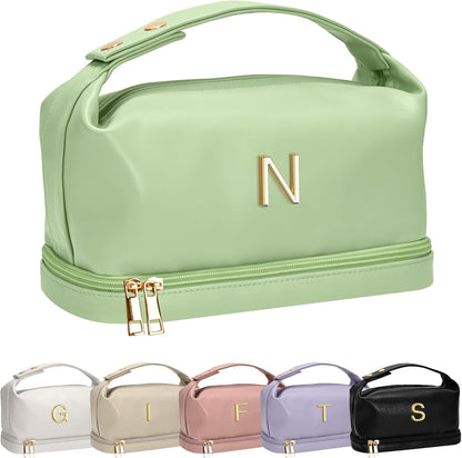 Cute Gifts for Women, Personalized Makeup Bag with Handle, Initial Double Layer Cosmetic Bag with Makeup Brush Organizer, Cute Cosmetic Pouch for Women, Gifts for Friends Female Mom