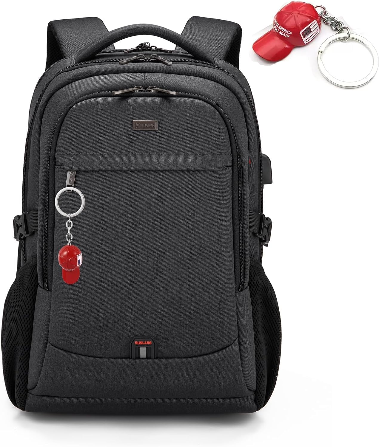 DUSLANG 17 Inch Laptop Backpack for Travel Water Resistant College Backpack for Men/Women Laptop Bag with USB Charging Port and Red Hat Metal America Back MAGA Cap Keychain for Backpack, Black