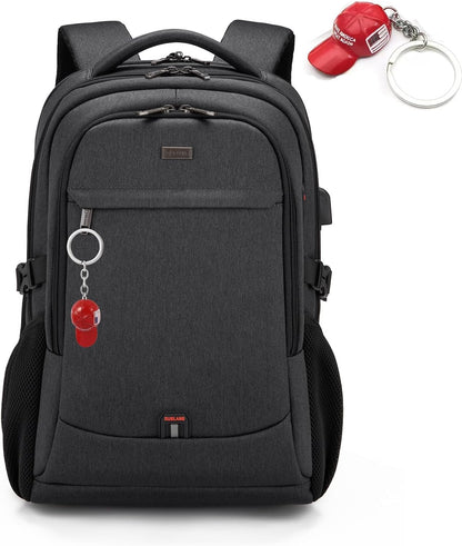 DUSLANG 17 Inch Laptop Backpack for Travel Water Resistant College Backpack for Men/Women Laptop Bag with USB Charging Port and Red Hat Metal America Back MAGA Cap Keychain for Backpack, Black
