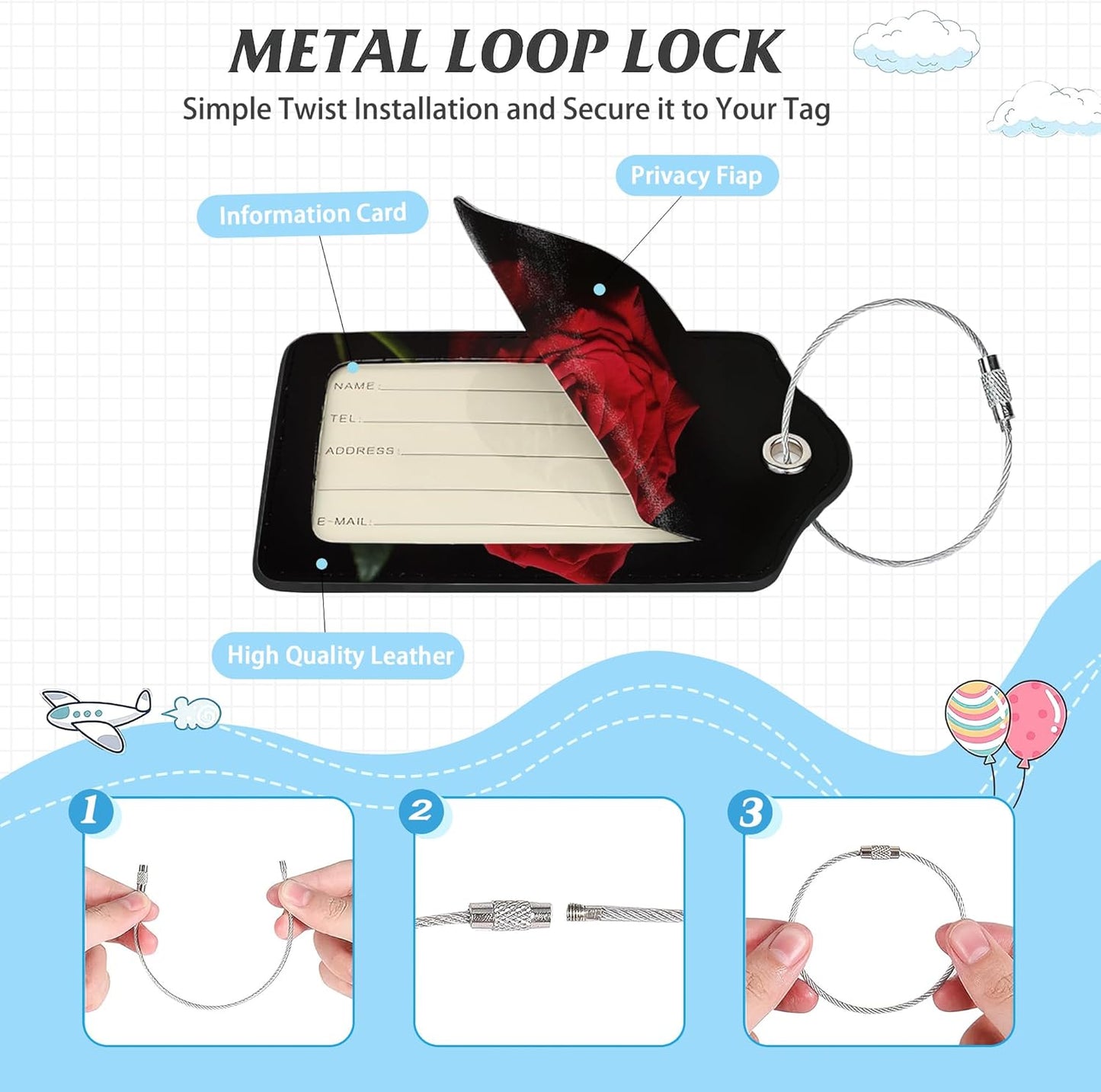 3 Pack Luggage Tag for Suitcase,Red Rose Floral and Leaves Leather Luggage Tags with Privacy Cover Name ID Label Identifiers Travel Bag Tags for Women Men Boys Girls