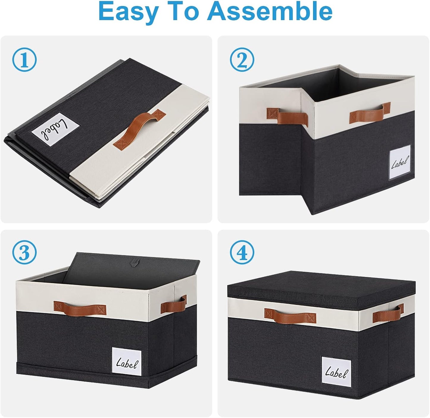 Large Storage Bins with Lids, Foldable Fabric Storage Baskets with Lids, Sturdy Storage Boxes with Labels and 3 PU Handles for Closet Home Bedroom Office (3 Packs, Black&White)