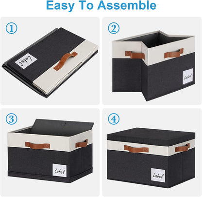 Large Storage Bins with Lids, Foldable Fabric Storage Baskets with Lids, Sturdy Storage Boxes with Labels and 3 PU Handles for Closet Home Bedroom Office (3 Packs, Black&White)