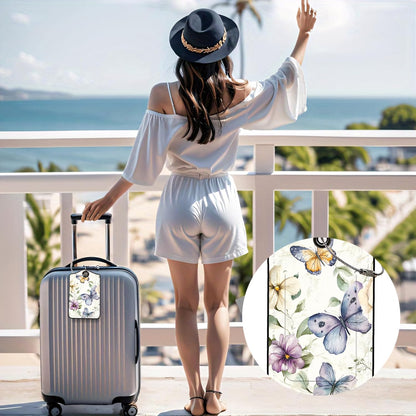 Luggage Tags for Suitcases, 2-Pack PU Leather for Cruise & Travel, Baggage ID Tags with Privacy Cover & Address Card, Durable Metal Ring, Kids Adults Travel Accessories, Elegant Butterfly Florals