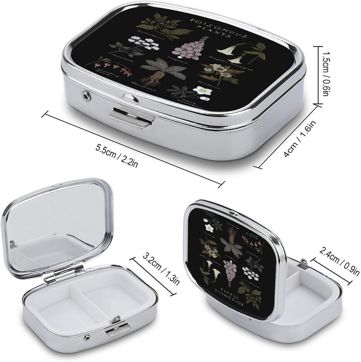 Metal 2 Compartment Pill Organizer Travel Friendly Portable Compact Pill Box Cute Pill Case to Hold Vitamins,Fish Oil,Supplements,Meds,Tablet for Purse,Pocket. (Poisonous Plants)