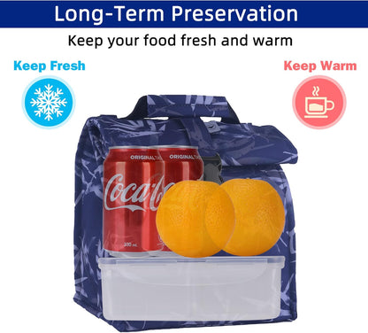 SUNNY BIRD Insulated Lunch Bag Rolltop Lunch Box Tote Bag for Women, Men, Adults and Teens (Blue Bamboo)