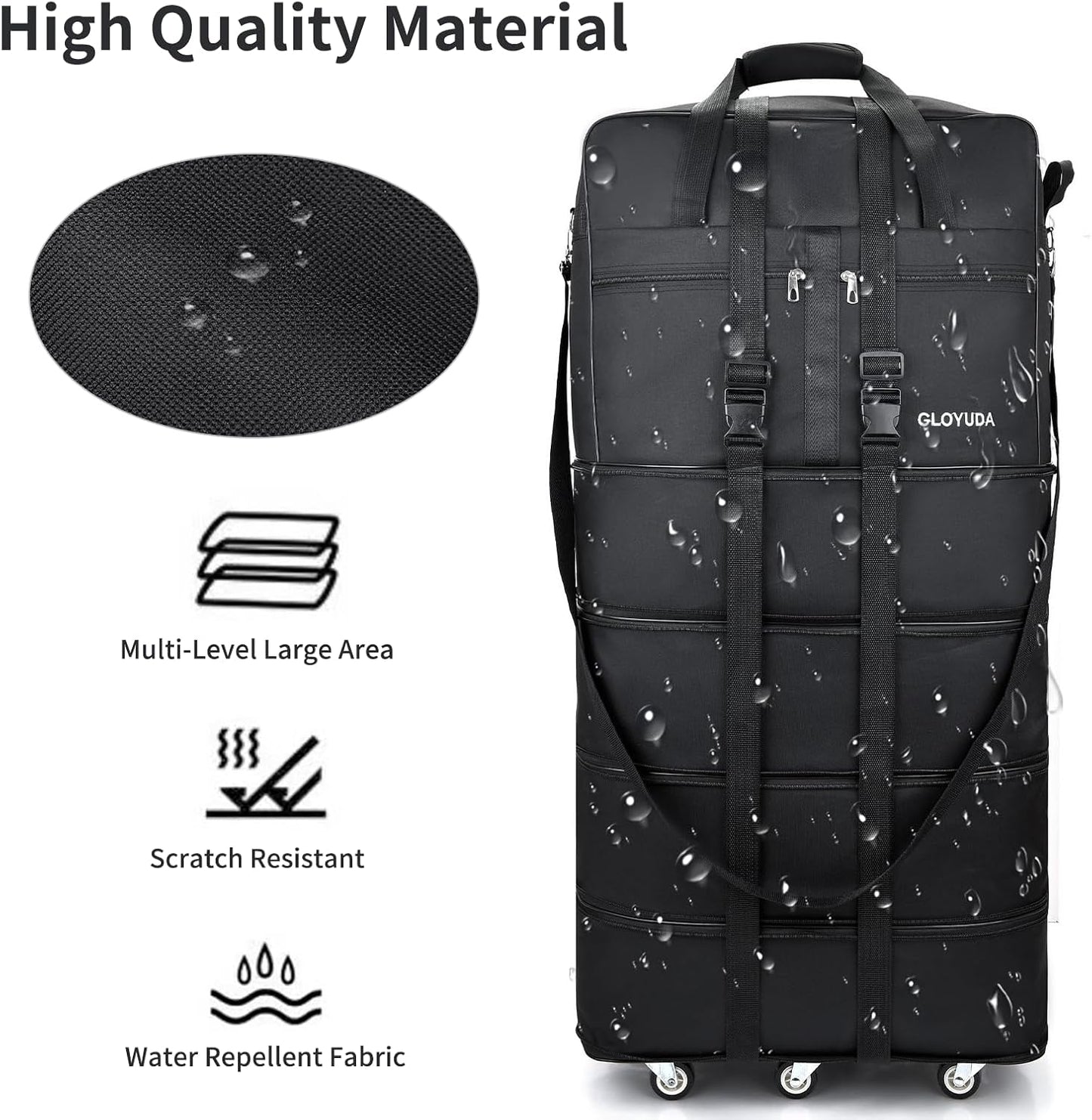 Expandable Foldable Luggage, 42'' Suitcase With Spinner Wheels, Rolling Duffle Bag with Wheels and Handle, Collapsible Luggage With 2 Handle Wrap and 2Fixing Straps1Shoulder Strap (Jet Black)