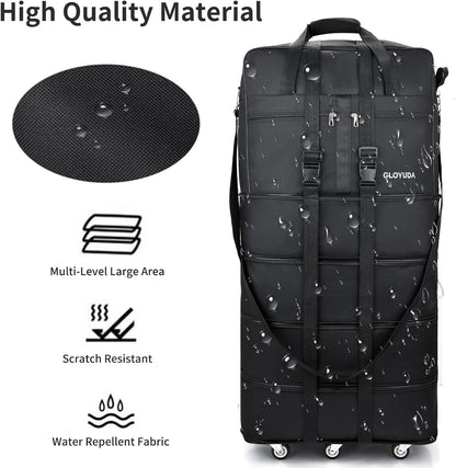 Expandable Foldable Luggage, 42'' Suitcase With Spinner Wheels, Rolling Duffle Bag with Wheels and Handle, Collapsible Luggage With 2 Handle Wrap and 2Fixing Straps1Shoulder Strap (Jet Black)