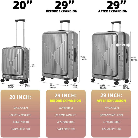 29 Inch Luggage with Expansion & Side Opening Design, 50 * 31(35)*76cm, 117L~133L Ligthweight ABS+PC Hardshell Checked Suitcase, Gray