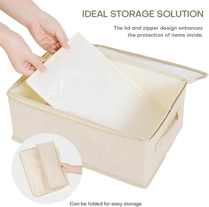 ANMINY Storage Bins with Zipper Lids 13 Qt Lidded Fabric Storage Boxes Baskets Cubes with Handles Collapsible Washable Cotton Linen Closet Shelf Clothes Organizer Containers - Beige, Small