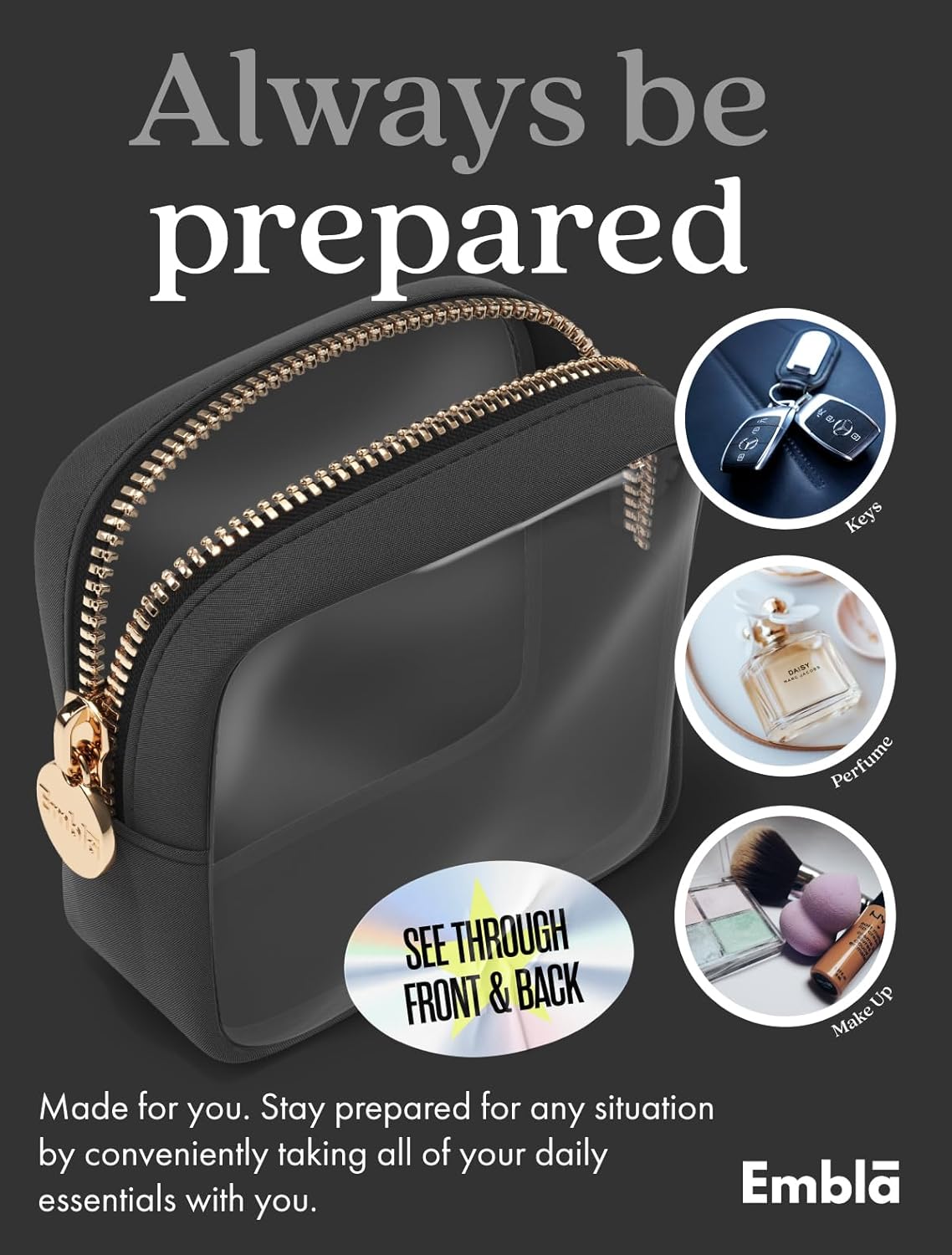 Clear Makeup Bag Zipper Pouch, Transparent Cosmetic Case Organizer, TSA Approved Travel Toiletry Case, Travel Accessories Essentials Makeup Tote for Women, Mini Cute Make up Bag for Purse - Black