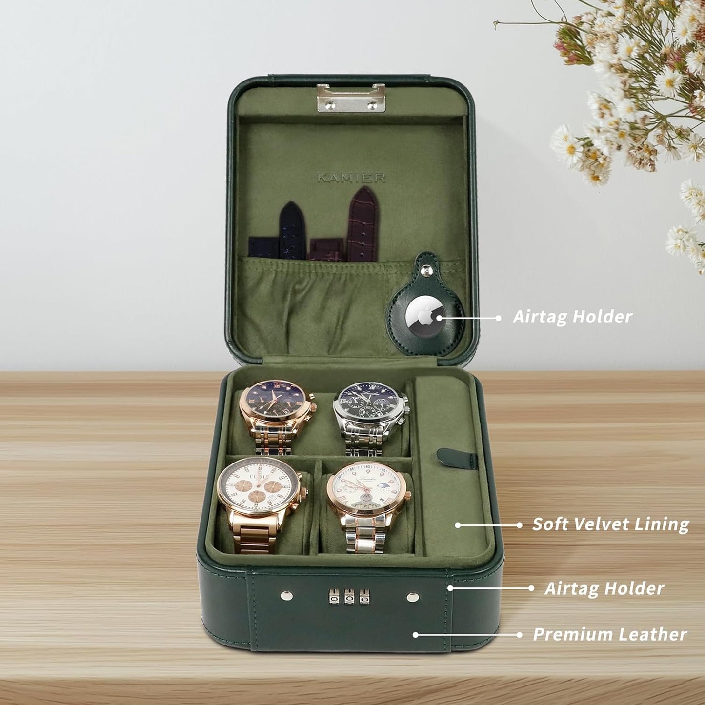 KAMIER Watch Case with Combination Lock - 4 Watch Storage and Jewelry Organizer - Watch Travel Case for Ring and Watch Storage, PU Leather Travel Watch Case, Ideal for Gift (With Gift Box), Green