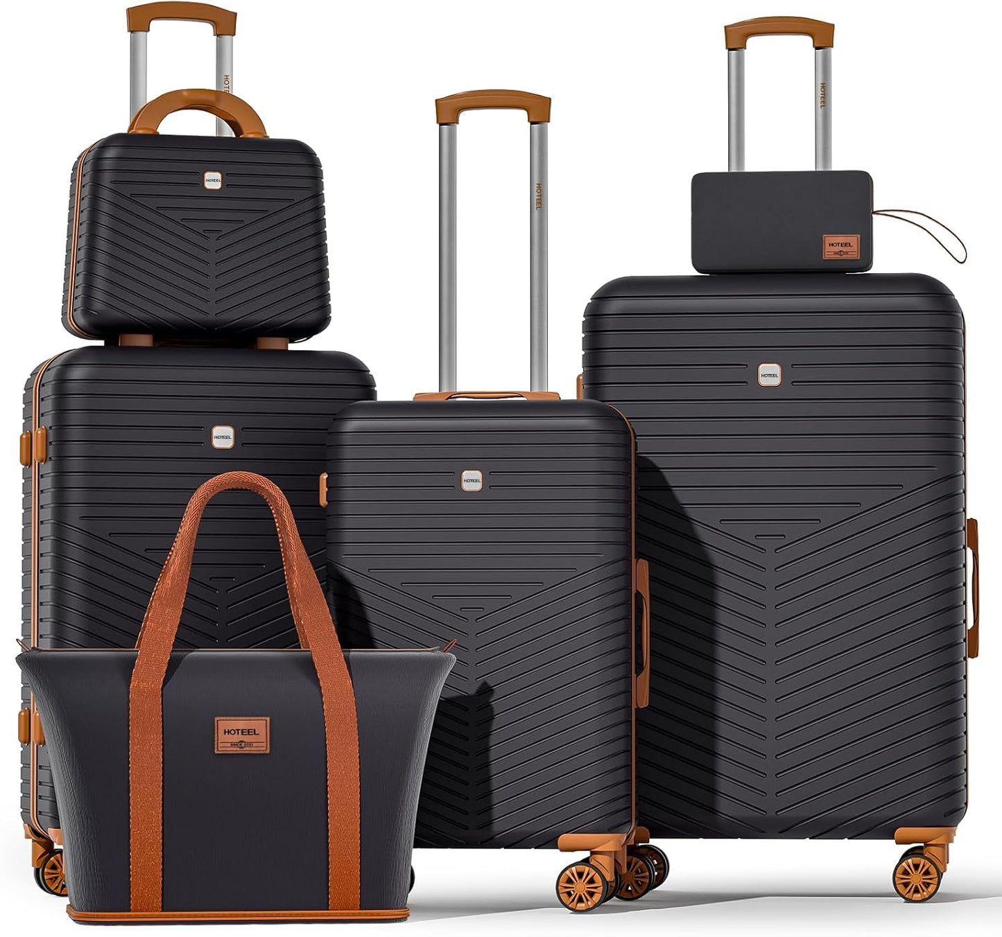 Hoteel 6 Piece Luggage Set (4-YEAR WARRANTY) with Spinner Wheels & TSA Lock, Carry on Luggage Hardshell ABS+PC, Travel Collection Suitcases Sets, Black(13/20/24/28",Travel Bag,Cosmetic Bag)