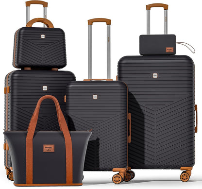 Hoteel 6 Piece Luggage Set (4-YEAR WARRANTY) with Spinner Wheels & TSA Lock, Carry on Luggage Hardshell ABS+PC, Travel Collection Suitcases Sets, Black(13/20/24/28",Travel Bag,Cosmetic Bag)