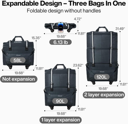 mixi Travel Bag with Wheels Expandable Foldable Luggage Bag Collapsible Rolling Travel Bag Duffel Bag Large Capacity Suitcase for Men Women, Dark Gray