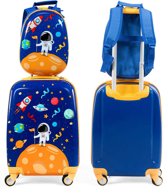 HONEY JOY Kids Luggage, 12" Toddler Backpack & 18" Travel Suitcase with Wheels, Lightweight Toddler Suitcase, Durable ABS Hardshell, 2Pcs Carry On Luggage Set for Boys Girls, Blue Astronaut
