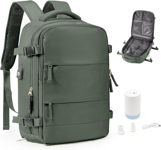 Vacuum Backpack Travel Laptop Backpacks For Women Men Carry On Backpack With Vacuum Compression Bags Seal Packing Personal Item Travel Bag Vacpack Backpacks With Pump Olive Green