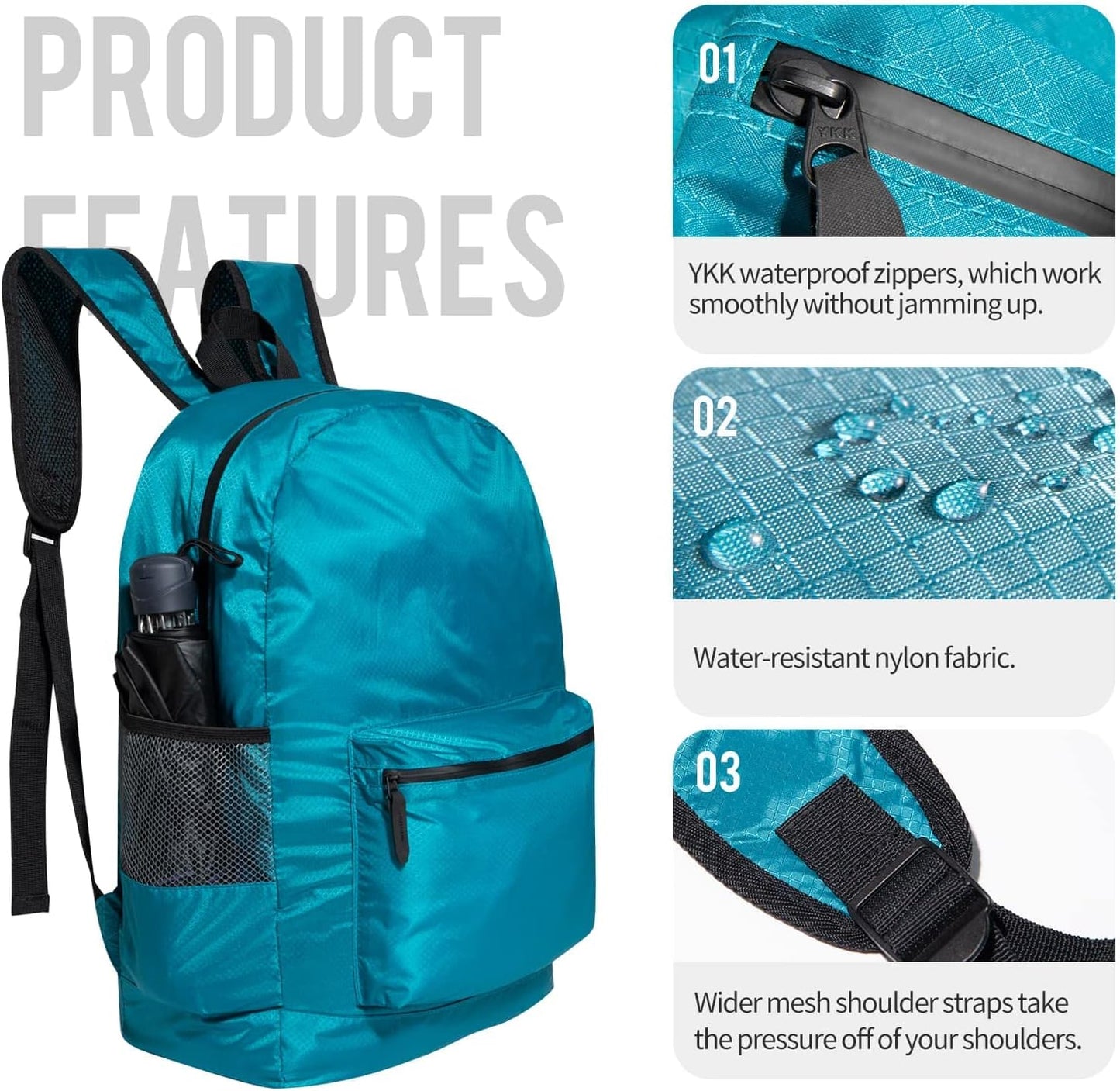 pack all 20L Lightweight Packable Backpack, Water Resistant Foldable Backpack, Travel Hiking Daypack with Waterproof Zippers (Blue)