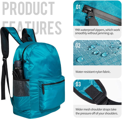 pack all 20L Lightweight Packable Backpack, Water Resistant Foldable Backpack, Travel Hiking Daypack with Waterproof Zippers (Blue)