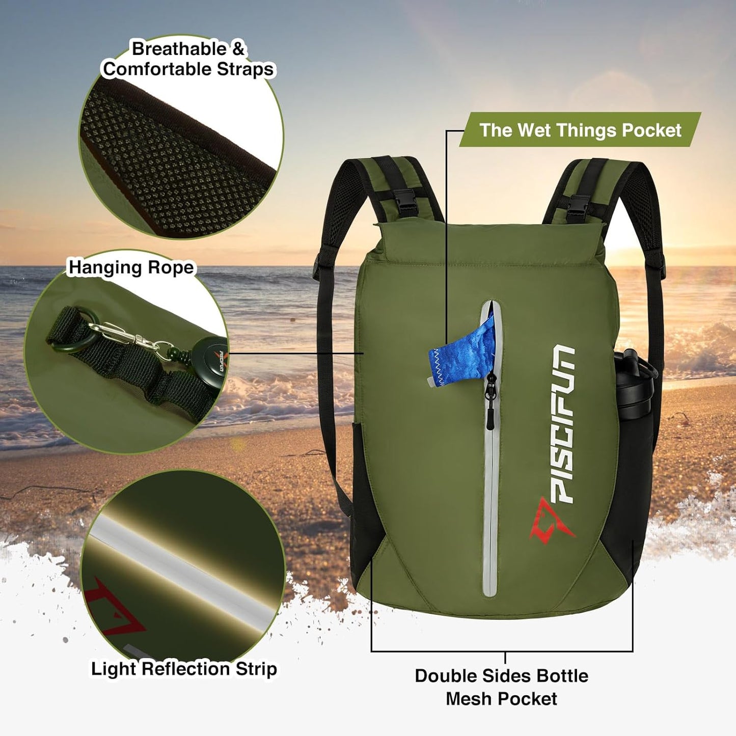 Piscifun Dry Bag Waterproof, Lightweight Dry Backpack Roll-Top Sealed with Waist Pouch and Phone Case Keeps Gear Dry Inside for Kayaking, Boating 10L 20L 30L