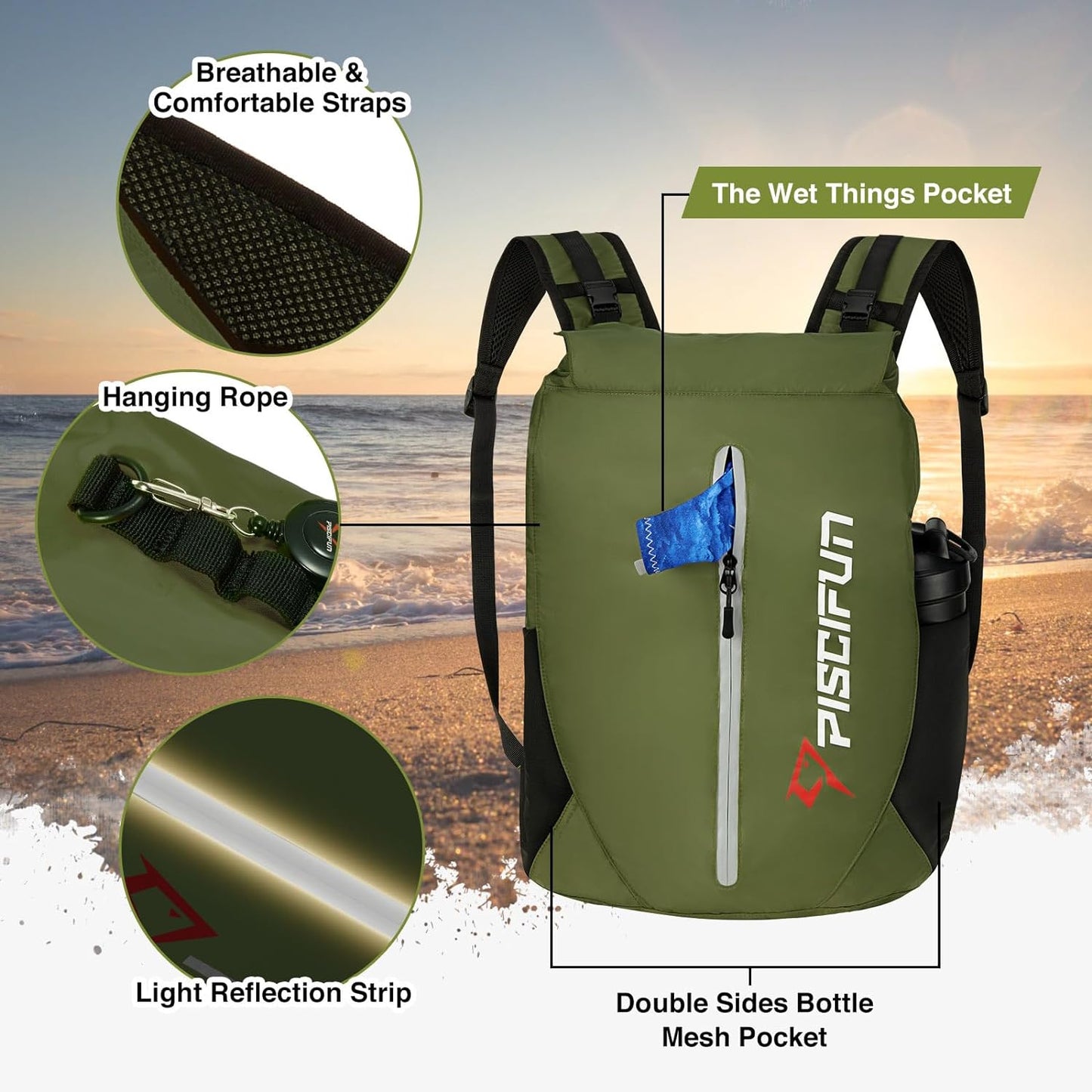 Piscifun Dry Bag Waterproof, Lightweight Dry Backpack Roll-Top Sealed with Waist Pouch and Phone Case Keeps Gear Dry Inside for Kayaking, Boating 10L 20L 30L