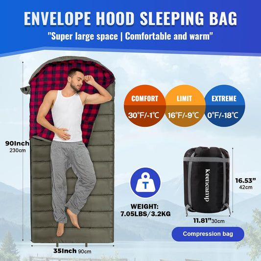 0 Degree Sleeping Bag Cotton Flannel Winter Cold Weather for Adults XXL Sleeping Bag 4 Season Big and Tall with Pillow Compression Sack