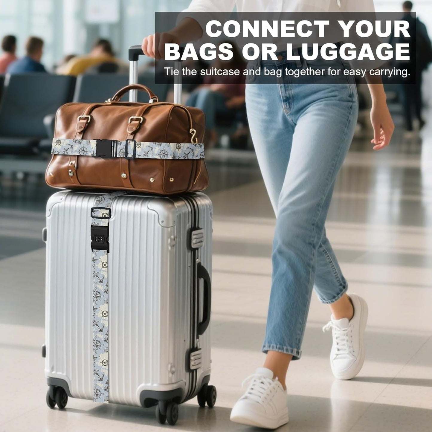 2 Pack Luggage Straps, Adjustable Cute Printing with Combination Lock Luggage Straps for Women Men Travel School Business Trips-Sailing