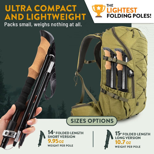Premium Foldable Hiking Poles by USA Brand - Adjustable, Lightweight Trekking Poles Made of Aircraft Aluminum, Metal Flip Locks & Comfortable Real Cork and EVA Foam Grips