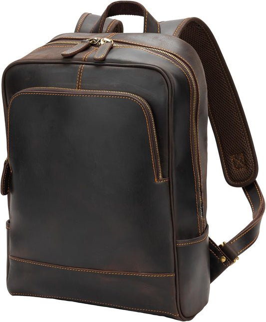 Leather Backpack for Men 15.6" Laptop Backpack 100% Madagascar top-Grain Leather Backpack Dark Brown Medium Size