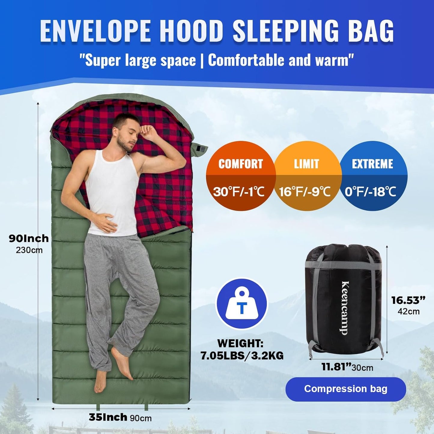 0 Degree Sleeping Bag Cotton Flannel Winter Cold Weather for Adults XXL Sleeping Bag 4 Season Big and Tall with Pillow Compression Sack