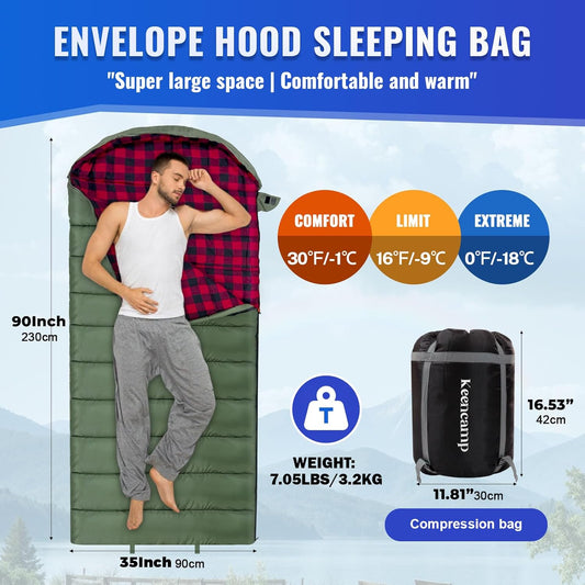 0 Degree Sleeping Bag Cotton Flannel Winter Cold Weather for Adults XXL Sleeping Bag 4 Season Big and Tall with Pillow Compression Sack
