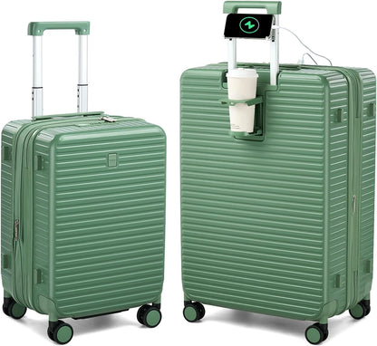 Hard Shell Suitcases Expandable Travel Luggage Sets 2 Piece, Carry on and Check in Luggage Lightweight Suitcase Set 2 Piece with Wheels Cup Holder Charger Built in (Forest Green, 20/28)