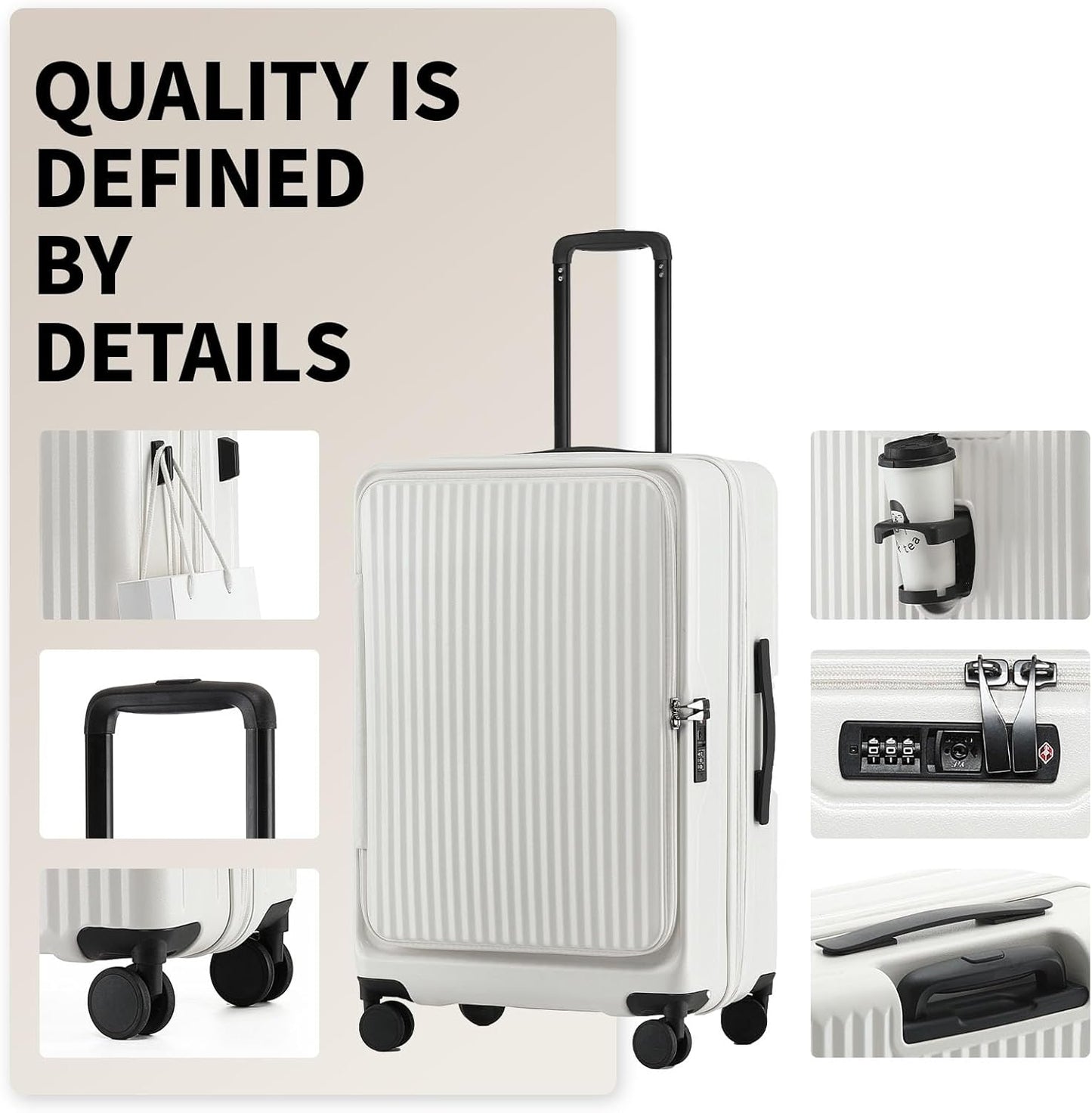 26 Inch Top Opening Checked Travel Luggage Expandable with Spinner Wheels,All PC Hard Shell Hardside Lightweight Medium Suitcase with TSA Approved Cup Holder for Business Trips Woman Men,White